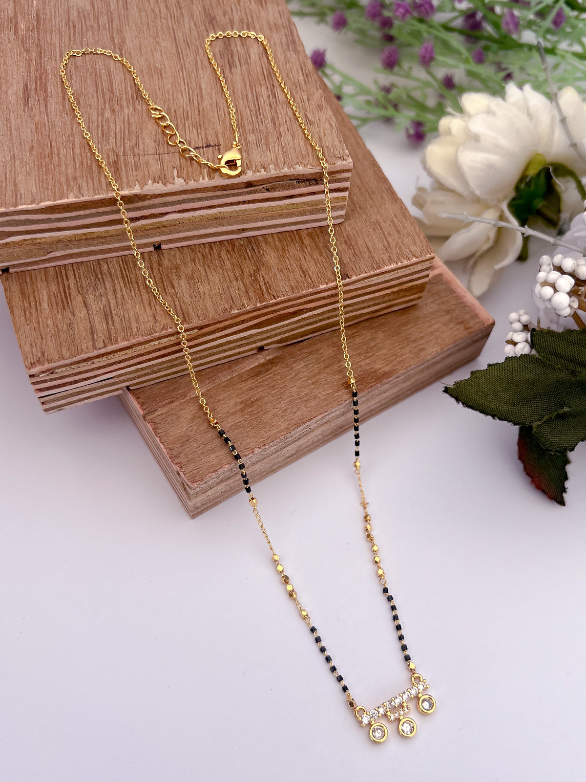 Triple Drop Black Bead Mangalsutra with Linear Sparkle Pendant