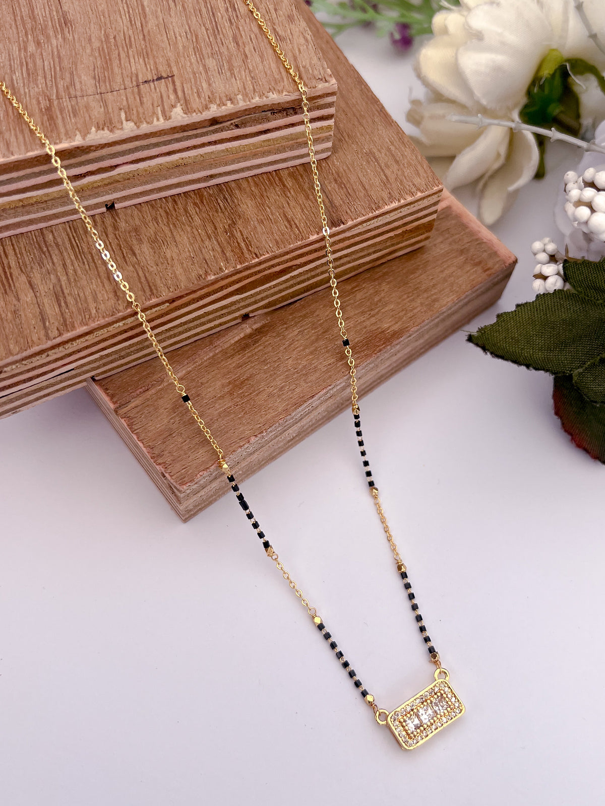 Rectangular Solitaire Black Bead Mangalsutra with Halo Pendant