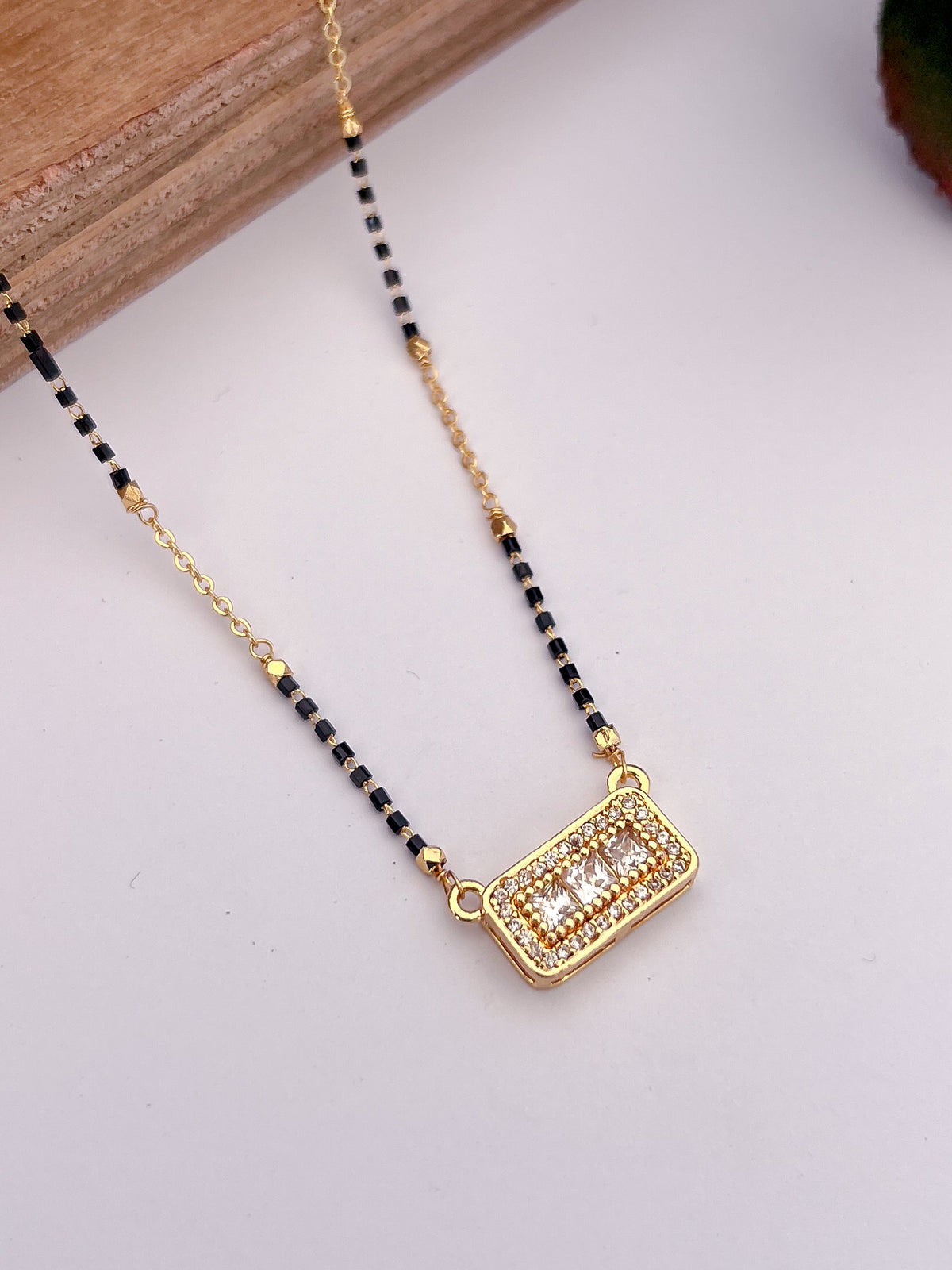 Rectangular Solitaire Black Bead Mangalsutra with Halo Pendant