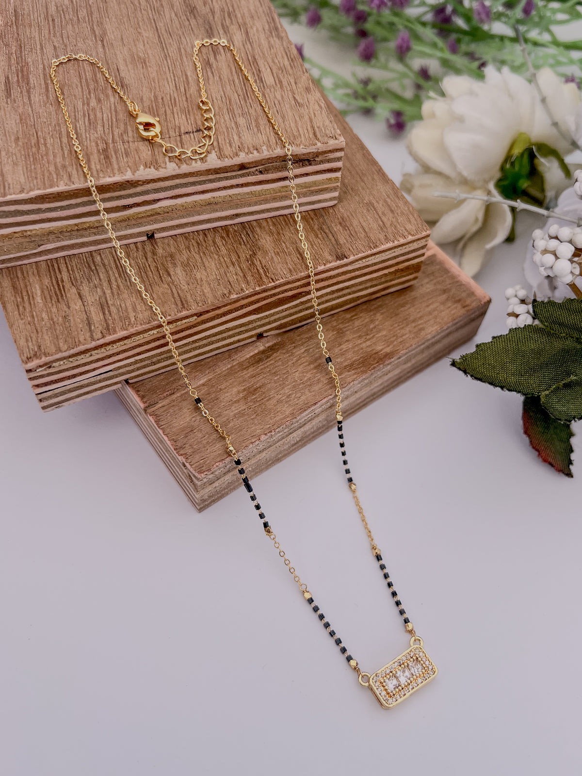 Rectangular Solitaire Black Bead Mangalsutra with Halo Pendant