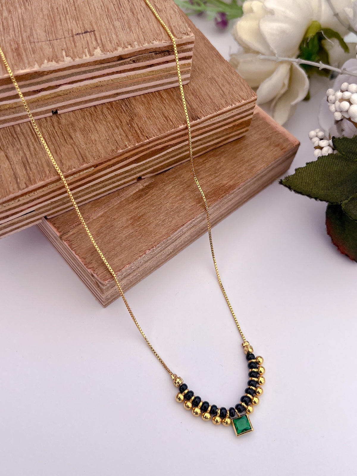 Emerald Square Stone Black Bead Mangalsutra with Beaded Centre
