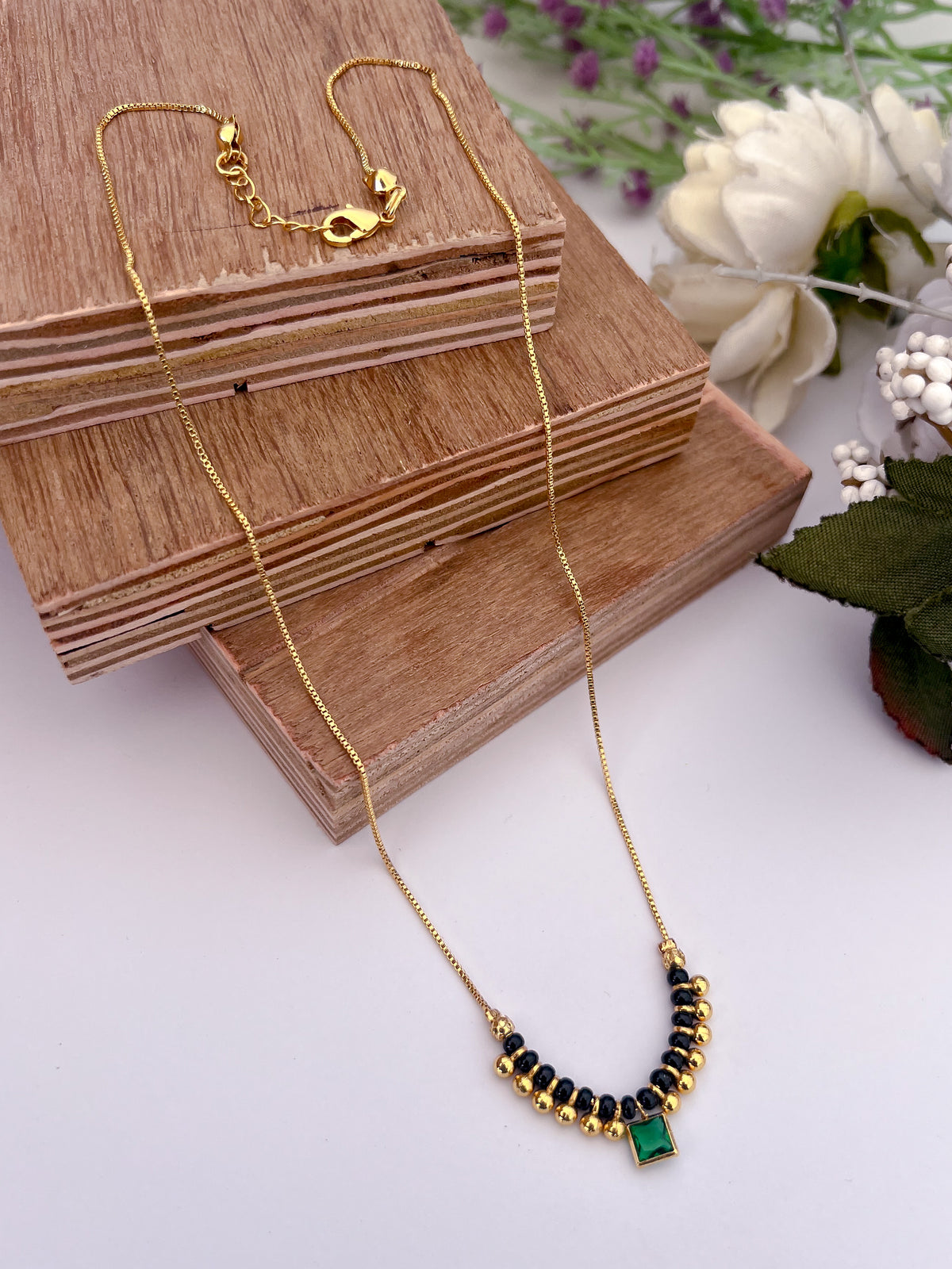Emerald Square Stone Black Bead Mangalsutra with Beaded Centre