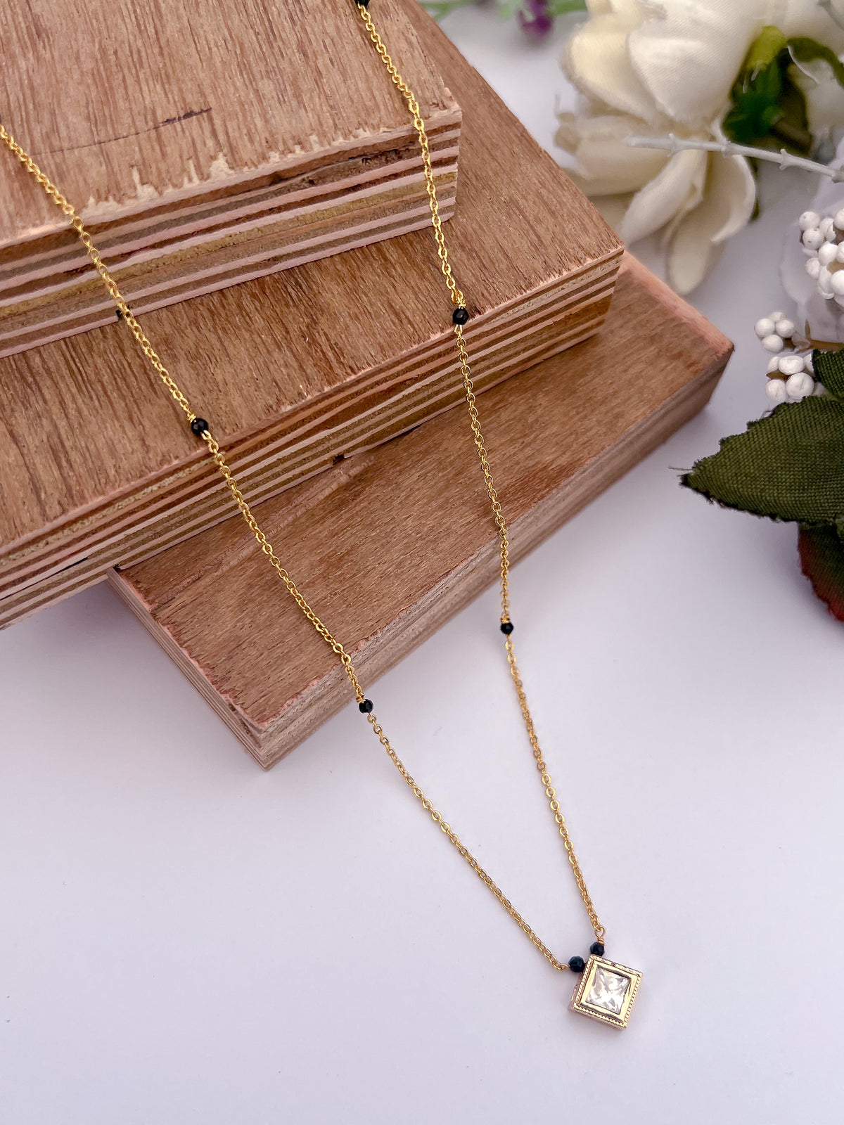 Square Solitaire Black Bead Mangalsutra with Minimal Pendant