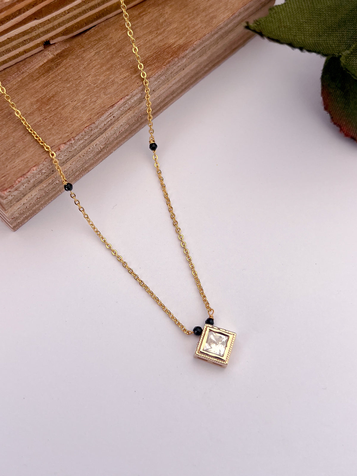 Square Solitaire Black Bead Mangalsutra with Minimal Pendant