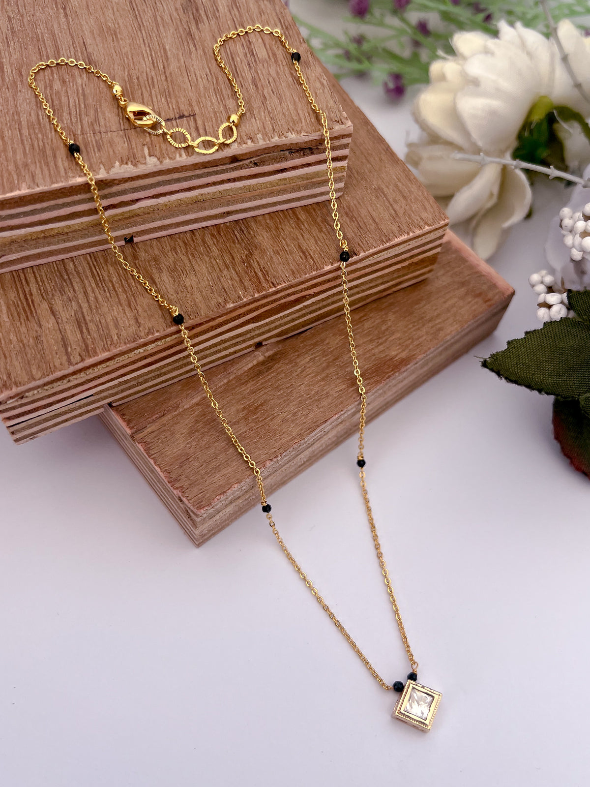 Square Solitaire Black Bead Mangalsutra with Minimal Pendant