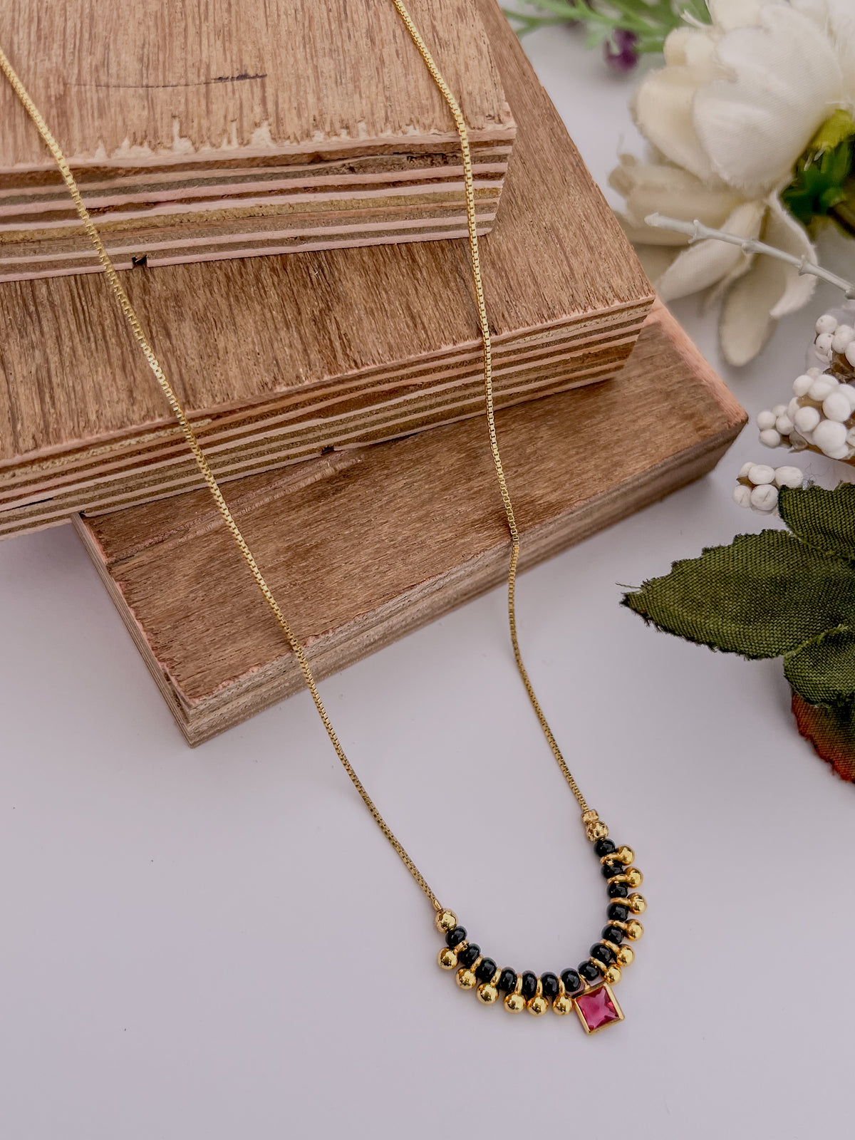 Pink Square Stone Black Bead Mangalsutra with Beaded Centre