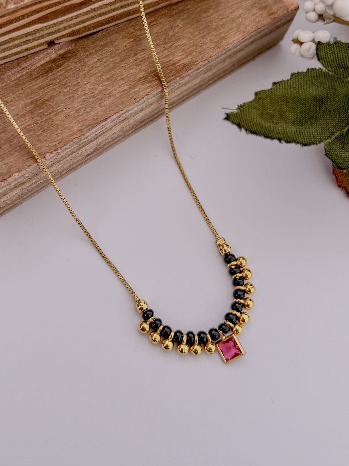 Pink Square Stone Black Bead Mangalsutra with Beaded Centre