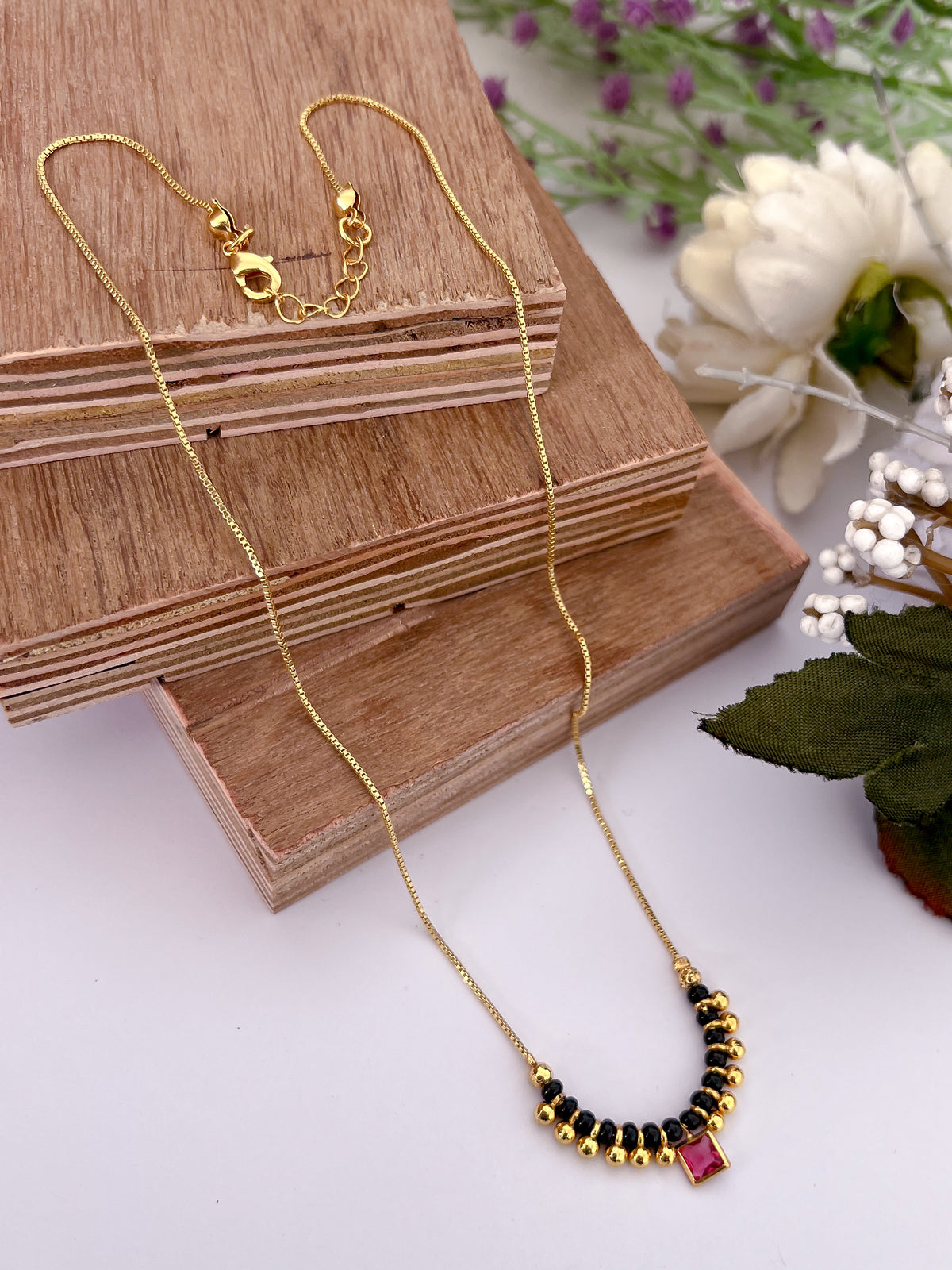 Pink Square Stone Black Bead Mangalsutra with Beaded Centre