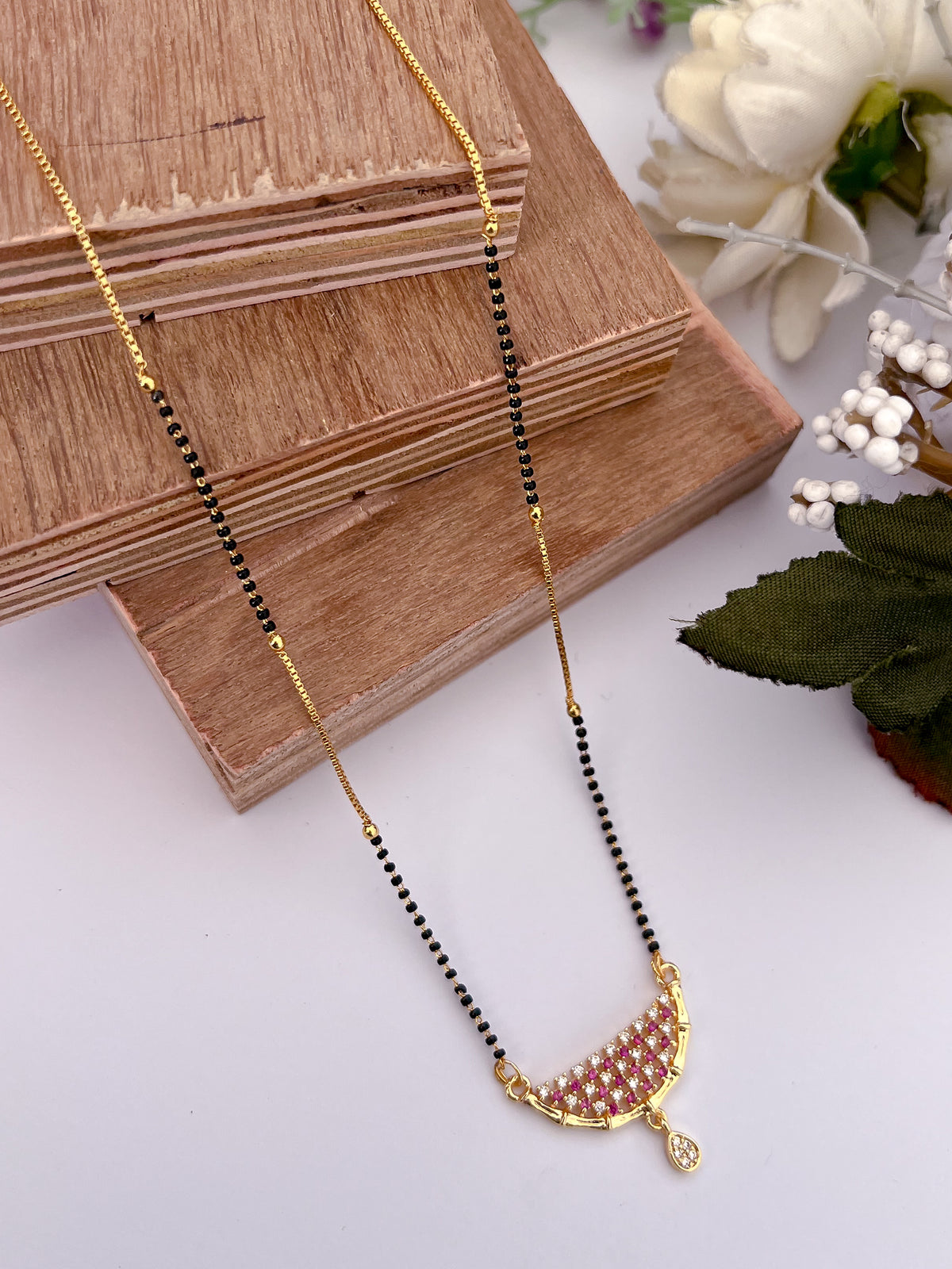 Ruby Crescent Black Bead Mangalsutra with Teardrop Charm