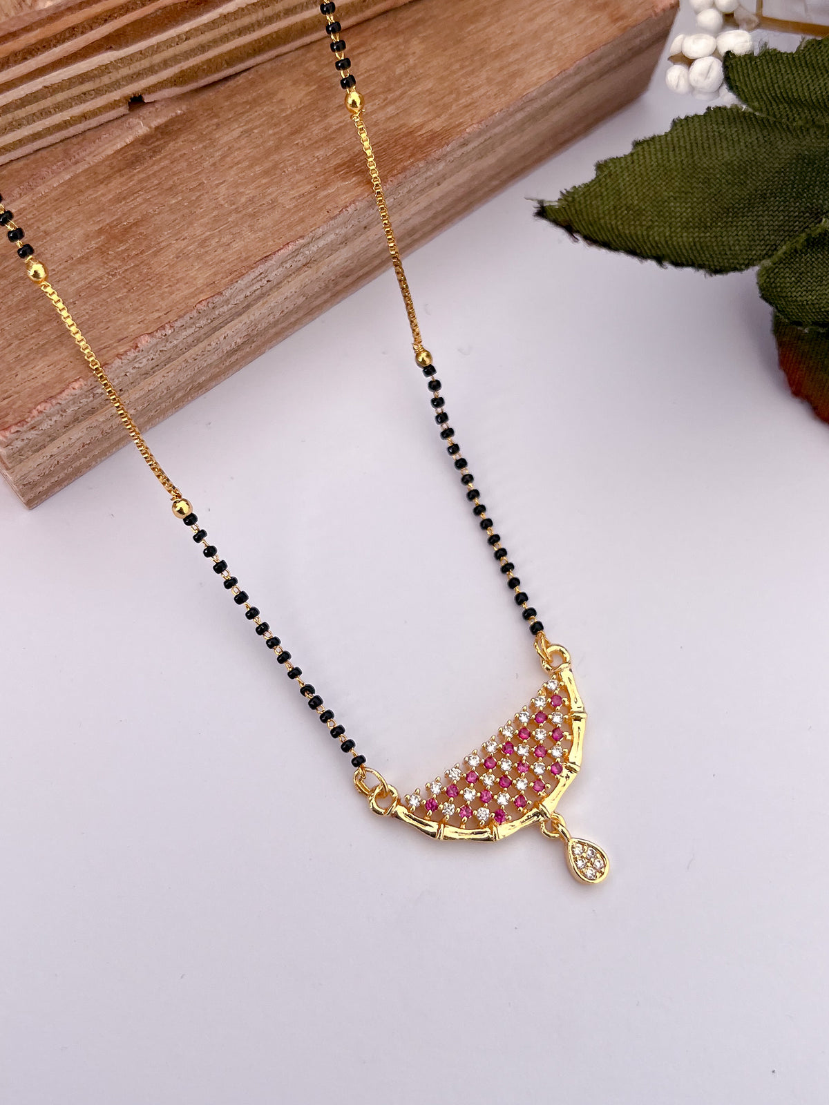 Ruby Crescent Black Bead Mangalsutra with Teardrop Charm