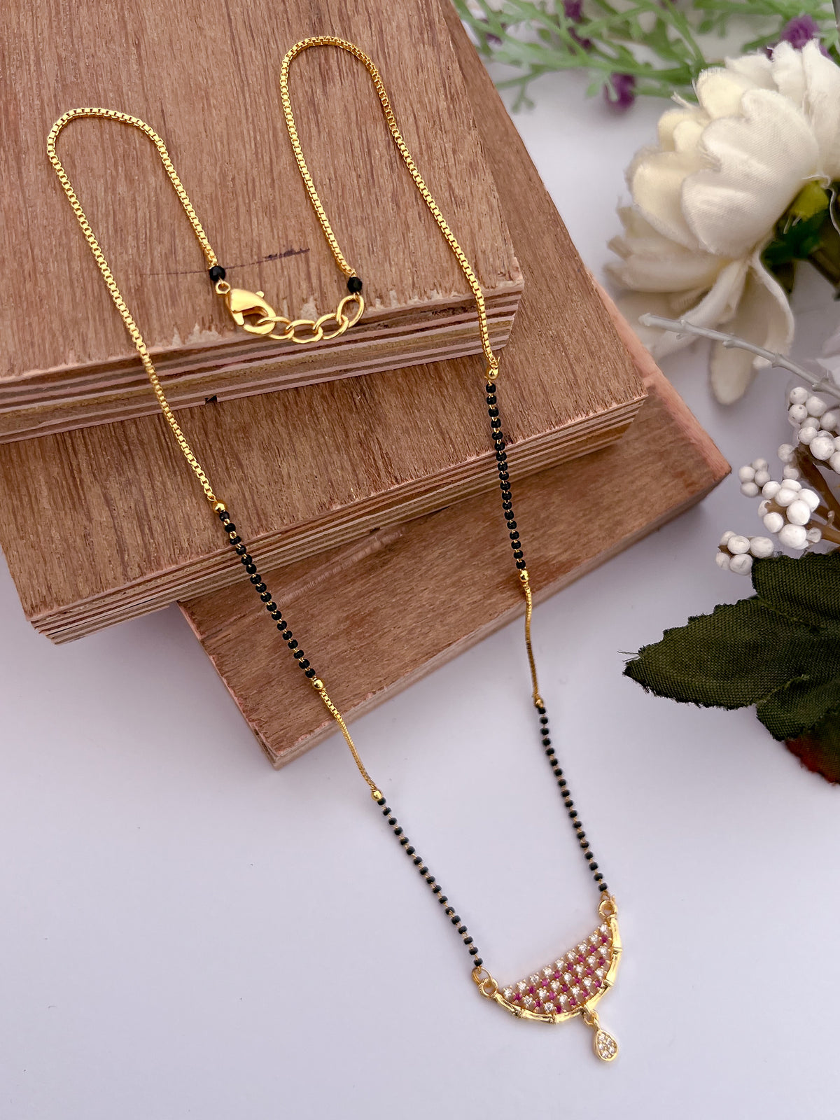 Ruby Crescent Black Bead Mangalsutra with Teardrop Charm