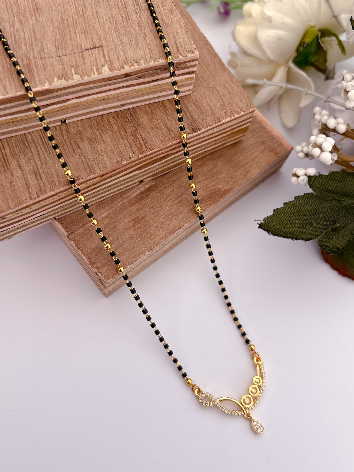 Infinity Curve Black Bead Mangalsutra with Teardrop Charm