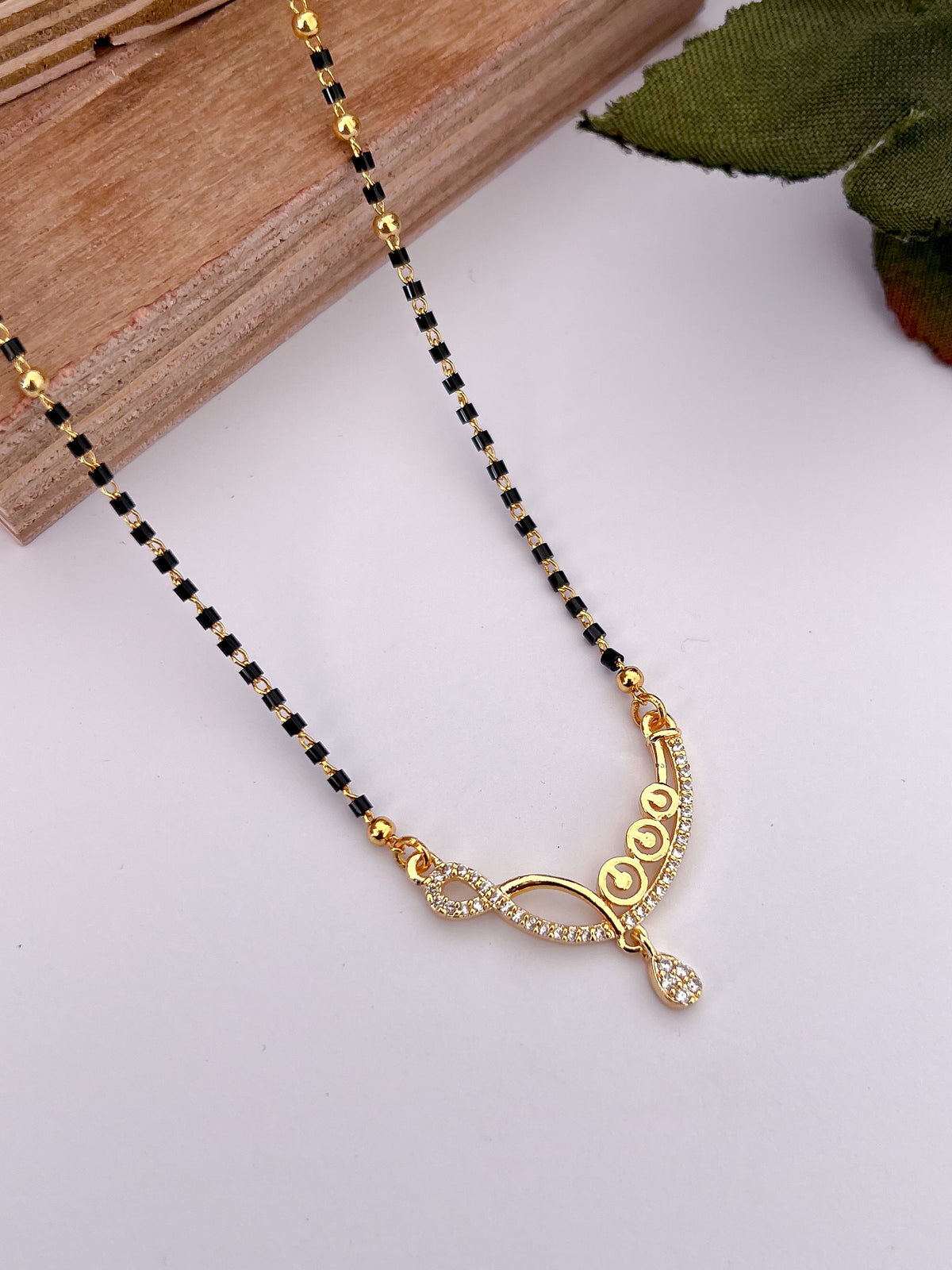 Infinity Curve Black Bead Mangalsutra with Teardrop Charm