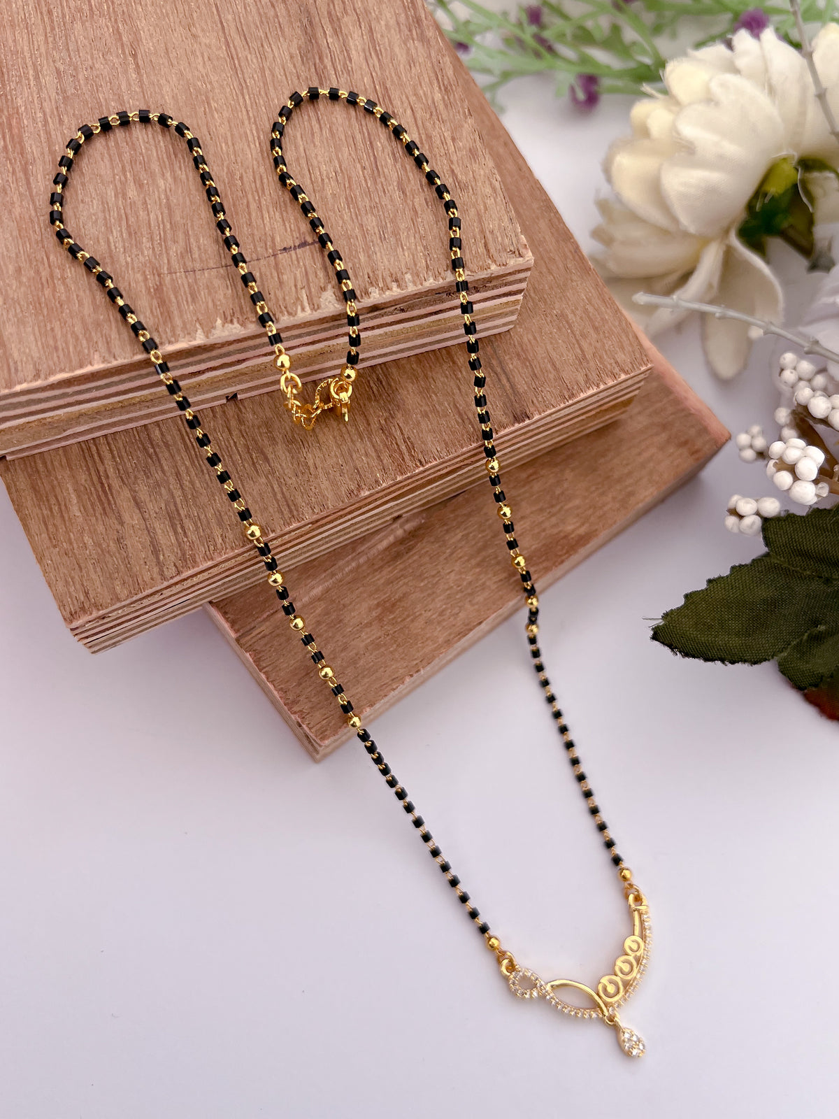Infinity Curve Black Bead Mangalsutra with Teardrop Charm