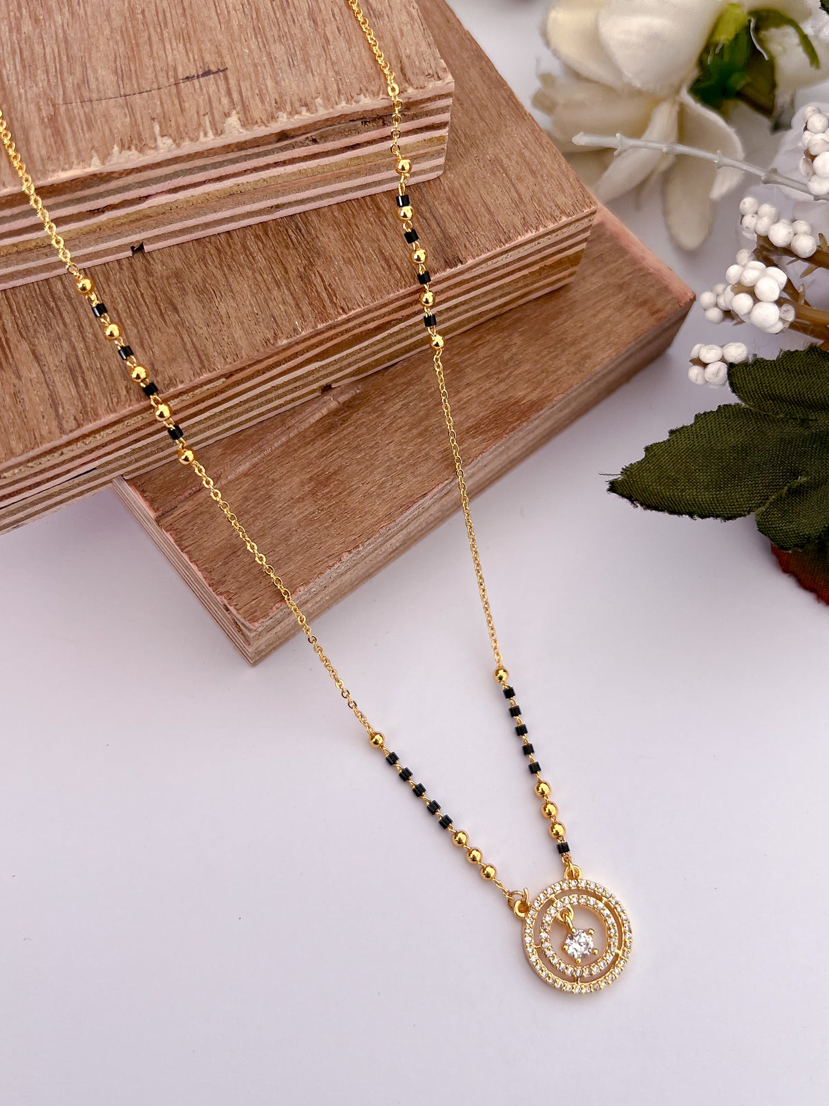 Circular Solitaire Black Bead Mangalsutra with Double Halo Pendant