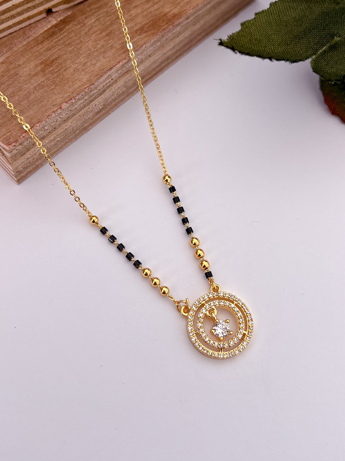 Circular Solitaire Black Bead Mangalsutra with Double Halo Pendant
