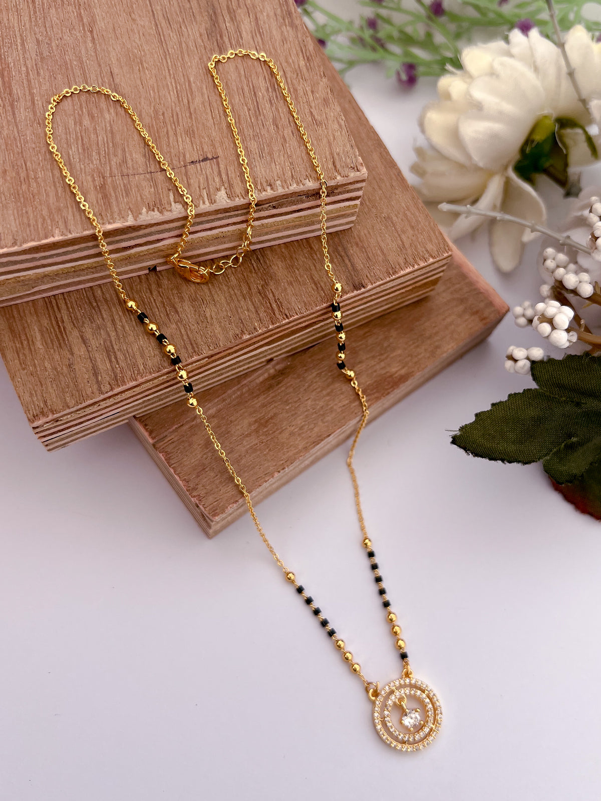 Circular Solitaire Black Bead Mangalsutra with Double Halo Pendant