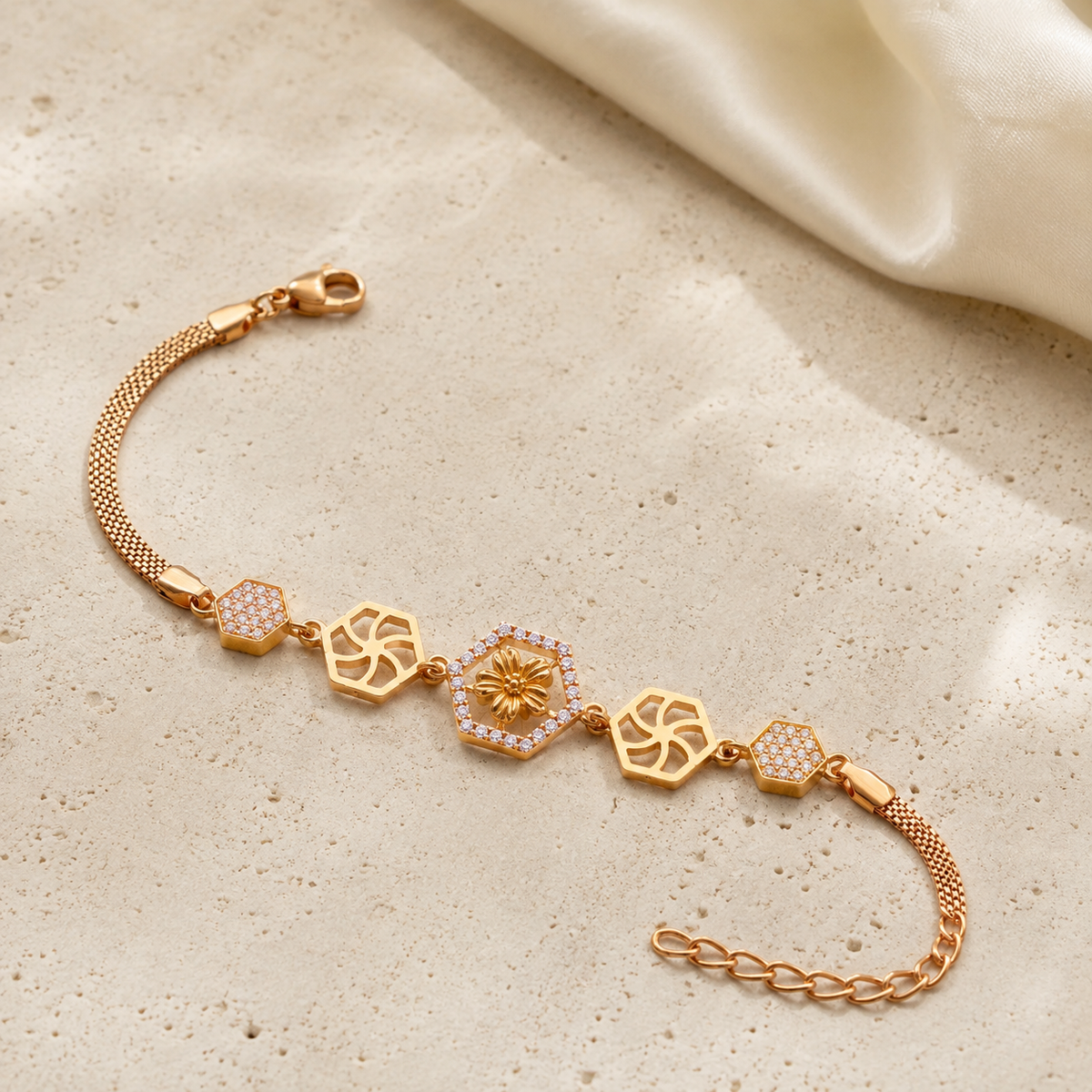 Adhira Bracelet luxury cream stone and silk flat lay