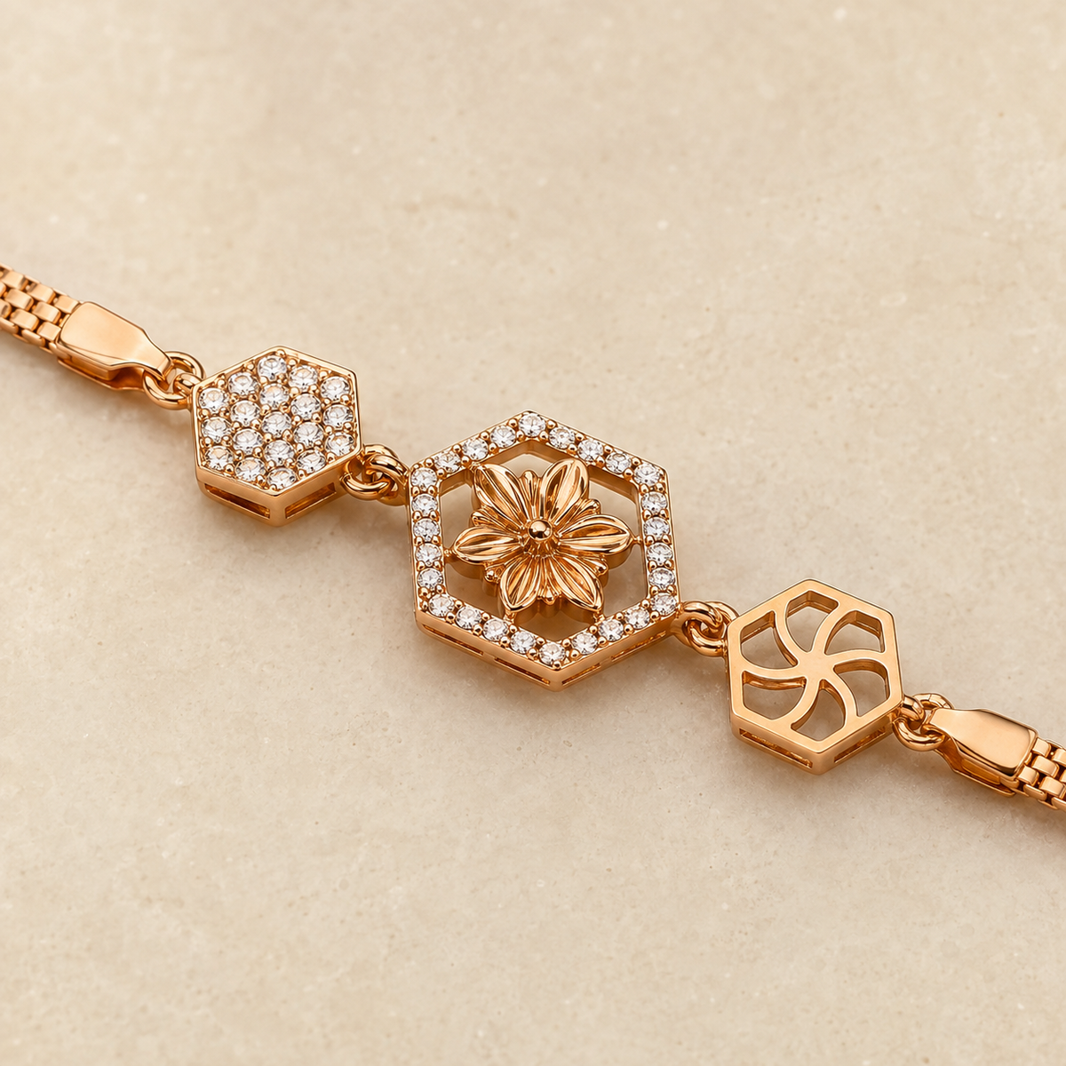 Adhira Bracelet floral hexagon and stone setting – macro detail