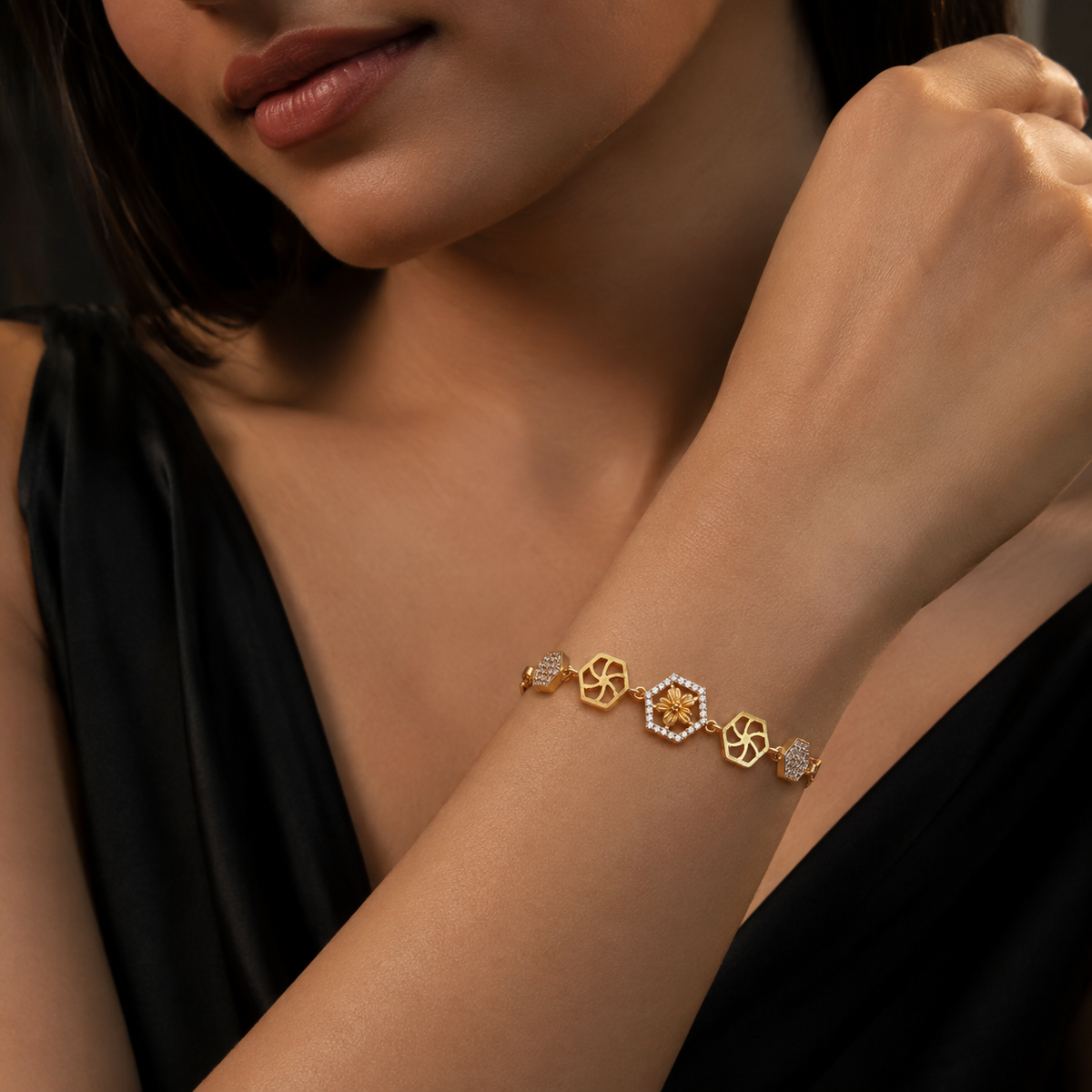 Adhira Bracelet styled with a black evening outfit