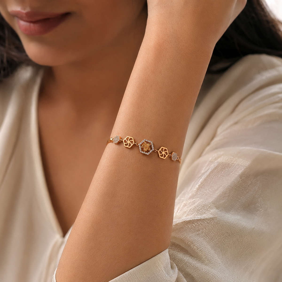 Adhira Bracelet styled with an ivory outfit in natural light