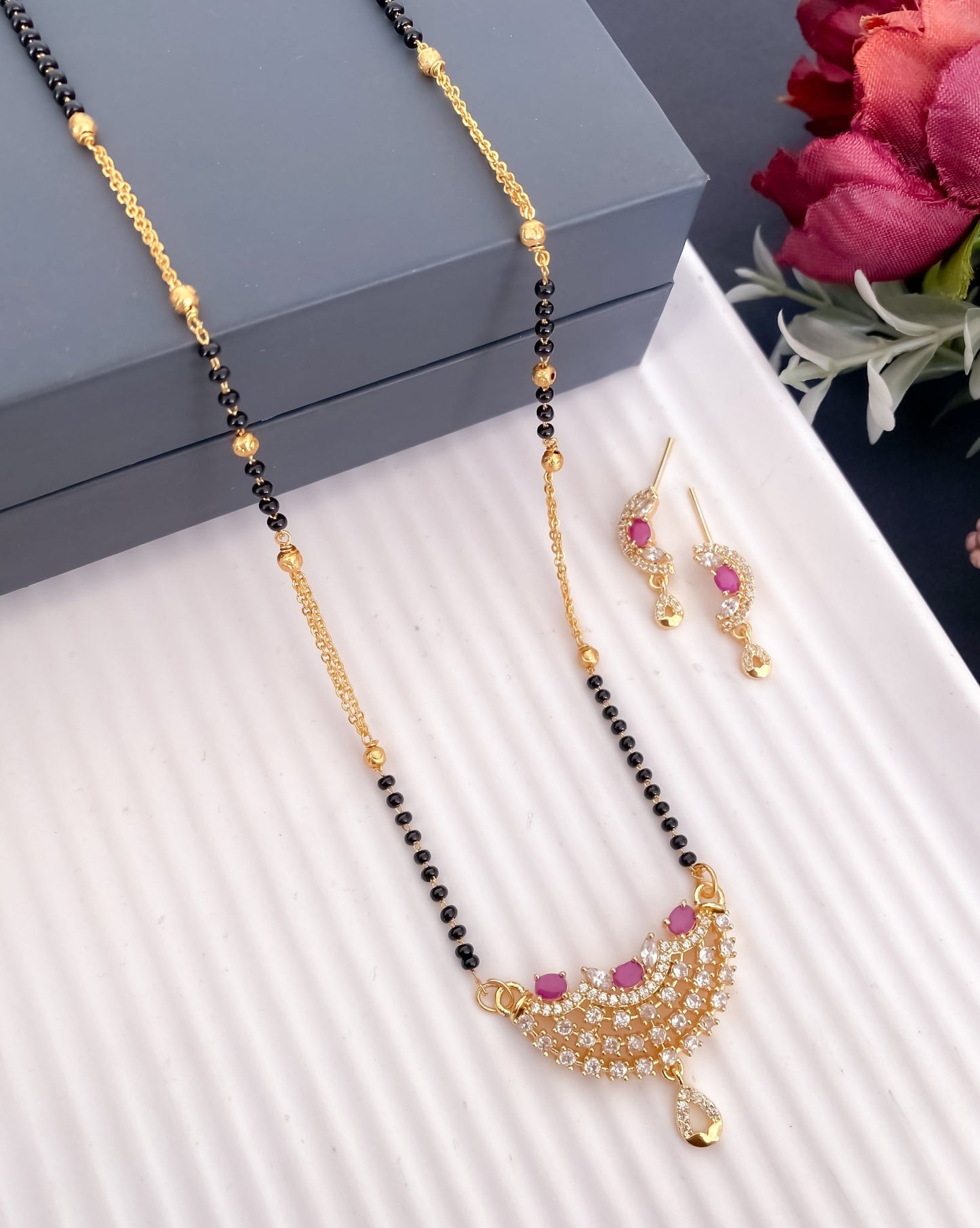 American Diamond 3 Colour Pleted Fancy Mangalsutra - Mangalsutra With Earring - Belleza Jewels