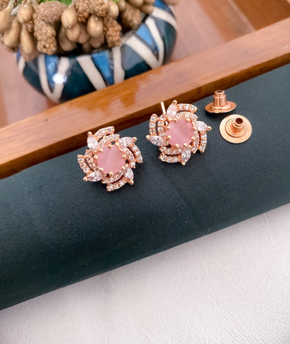 American Diamond Colour full Rose Gold Plated Earrings Tops - Tops - Belleza Jewels