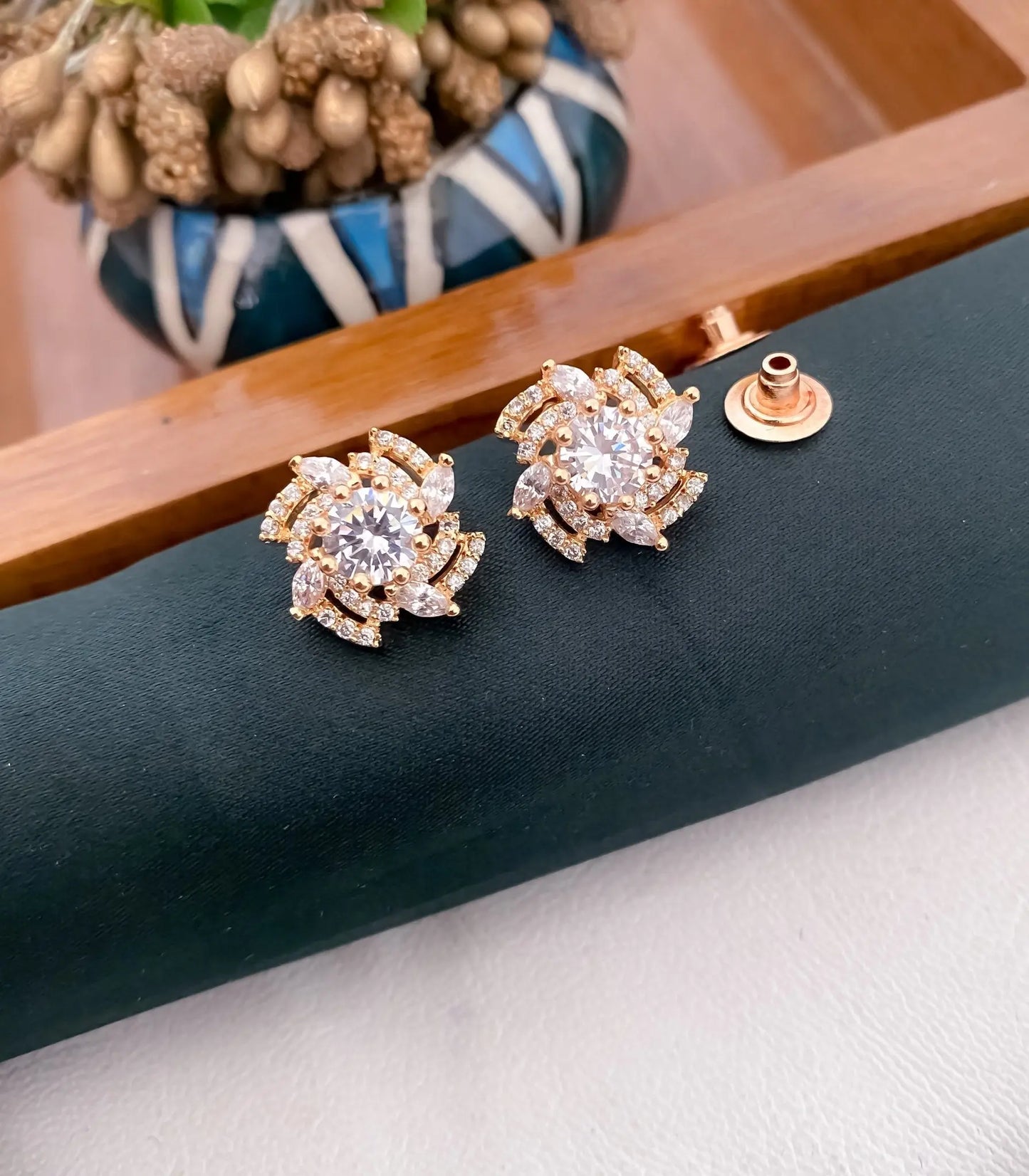 American Diamond Colour full Rose Gold Plated Earrings Tops - Tops - Belleza Jewels