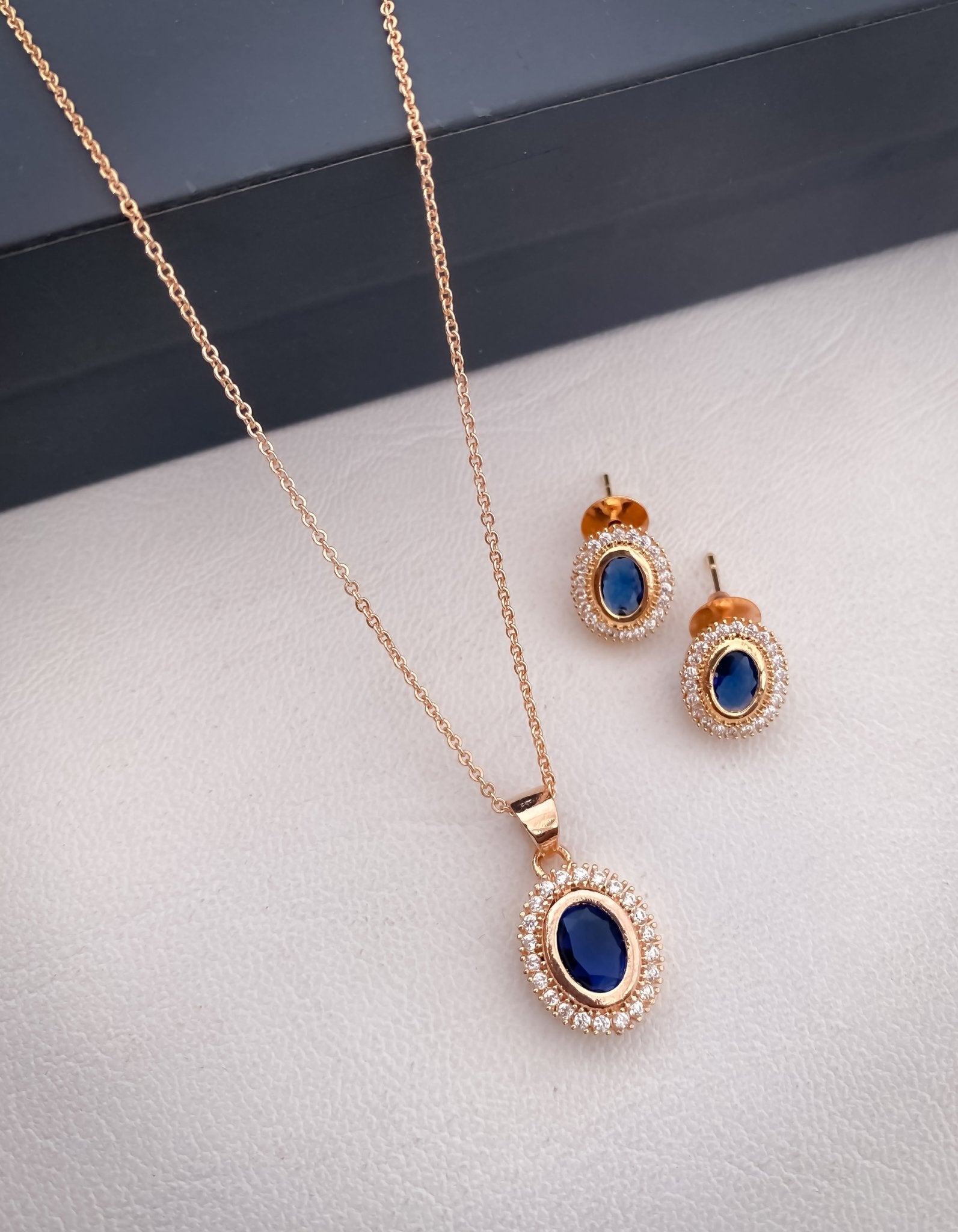 American Diamond Colour full Rose Gold Plated Ovel Shape Pendant Set with Nice Earring - Pendant Set - Belleza Jewels