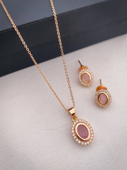 American Diamond Colour full Rose Gold Plated Ovel Shape Pendant Set with Nice Earring - Pendant Set - Belleza Jewels