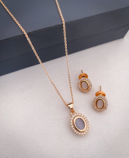 American Diamond Colour full Rose Gold Plated Ovel Shape Pendant Set with Nice Earring - Pendant Set - Belleza Jewels