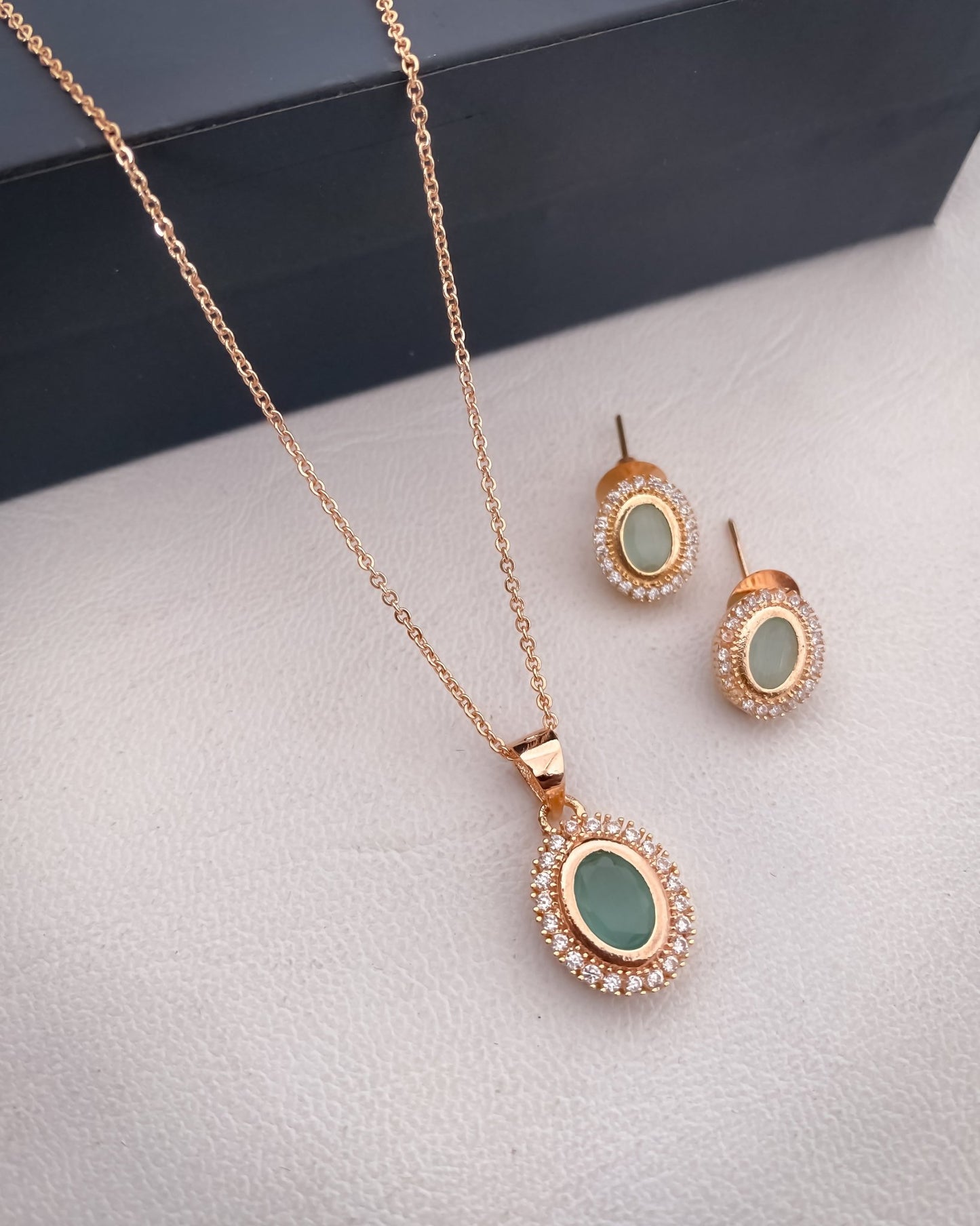 American Diamond Colour full Rose Gold Plated Ovel Shape Pendant Set with Nice Earring - Pendant Set - Belleza Jewels