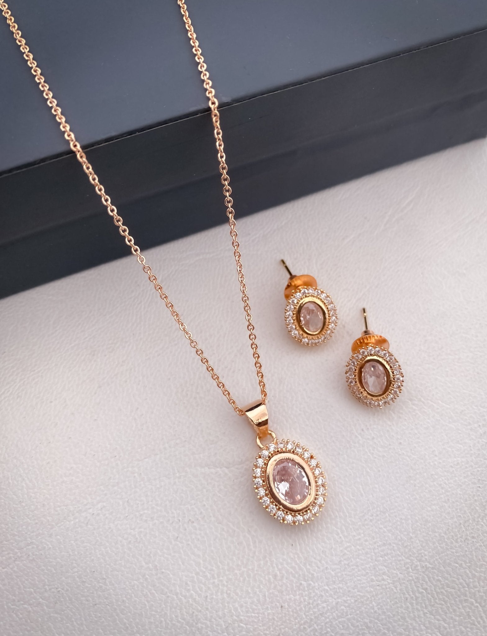 American Diamond Colour full Rose Gold Plated Ovel Shape Pendant Set with Nice Earring - Pendant Set - Belleza Jewels