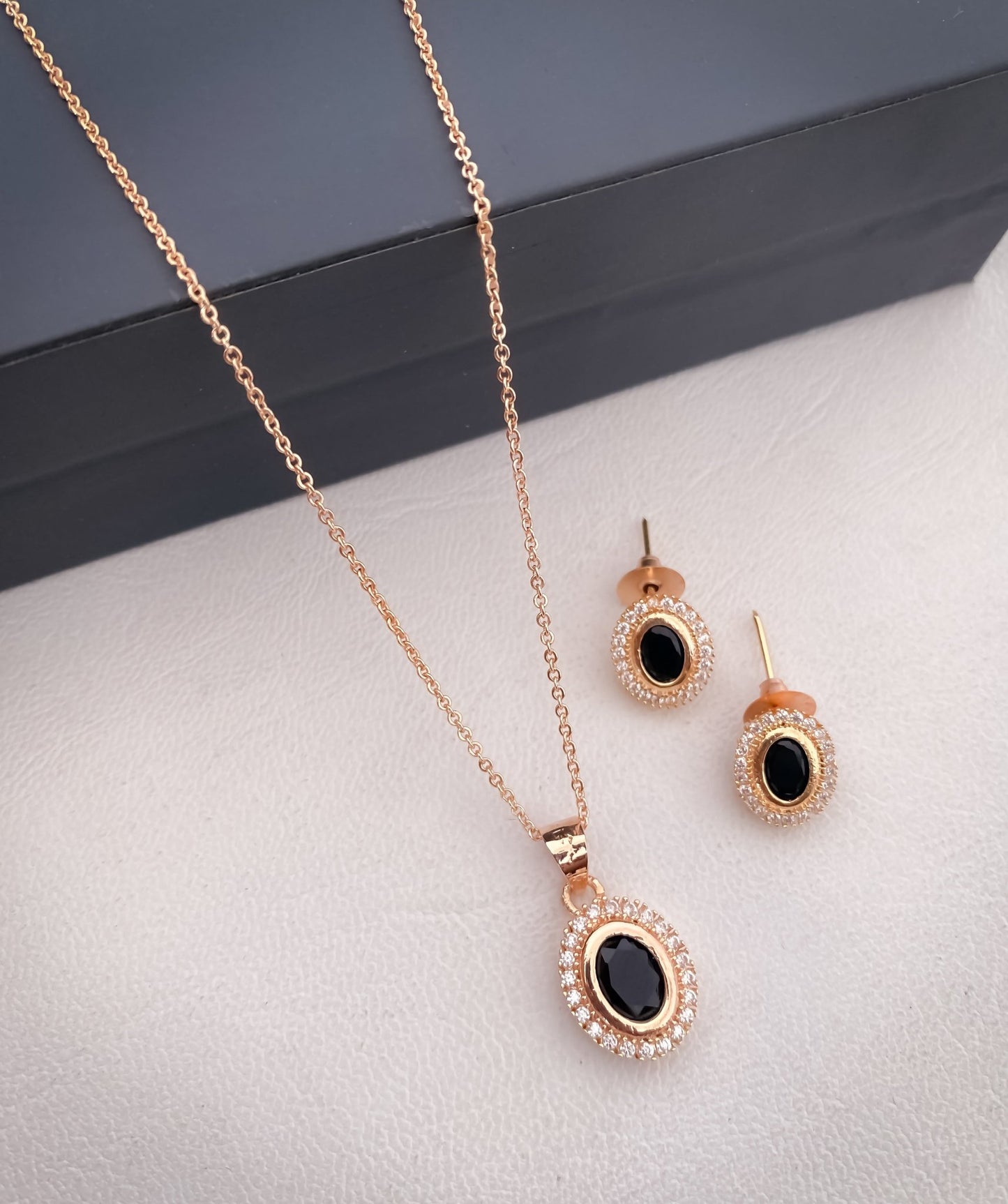 American Diamond Colour full Rose Gold Plated Ovel Shape Pendant Set with Nice Earring - Pendant Set - Belleza Jewels