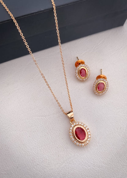 American Diamond Colour full Rose Gold Plated Ovel Shape Pendant Set with Nice Earring - Pendant Set - Belleza Jewels