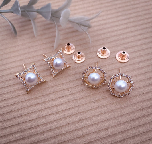 American Diamond Combo Earring Rose Gold And Silver Plated White Pearl daily wear use - Tops - Belleza Jewels