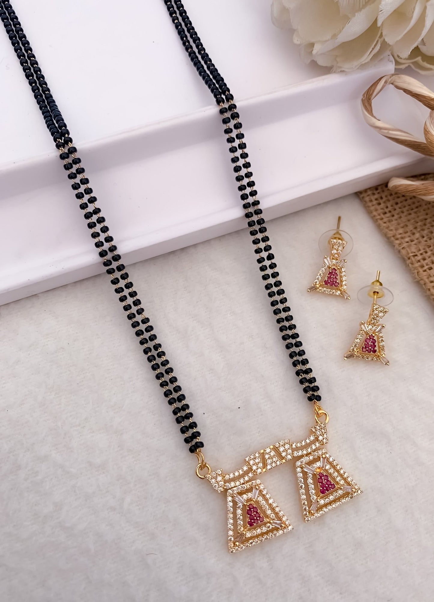 American Diamond Double Step Fancy Chain Big size all Colour Mangalsutra Length 18” - Mangalsutra With Earring - Belleza Jewels