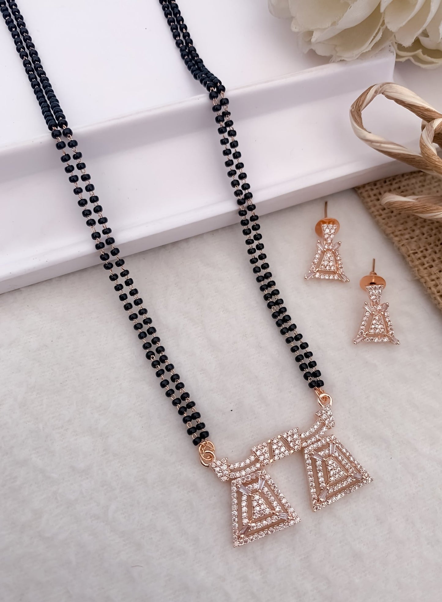 American Diamond Double Step Fancy Chain Big size all Colour Mangalsutra Length 18” - Mangalsutra With Earring - Belleza Jewels