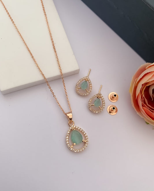 American Diamond Exclusive Design Pink mint And Black colour Rose Gold Pleted Pendant Set - Pendant Set - Belleza Jewels