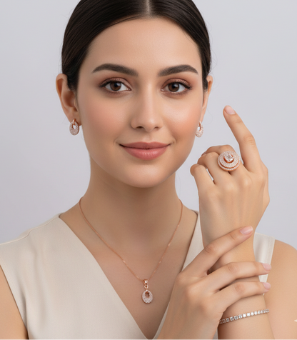 Woman wearing jewelry including a ring, necklace, and earrings on a plain background