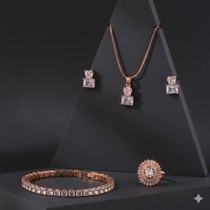 Rose gold jewelry set with necklace, earrings, bracelet, and ring on a black background