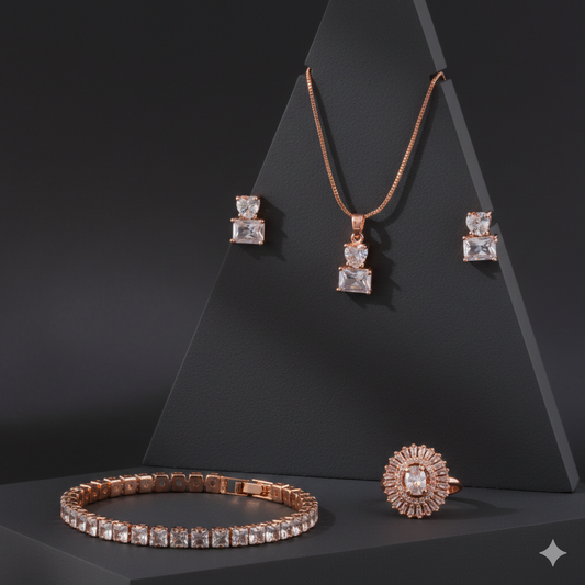 Rose gold jewelry set with necklace, earrings, bracelet, and ring on a black background