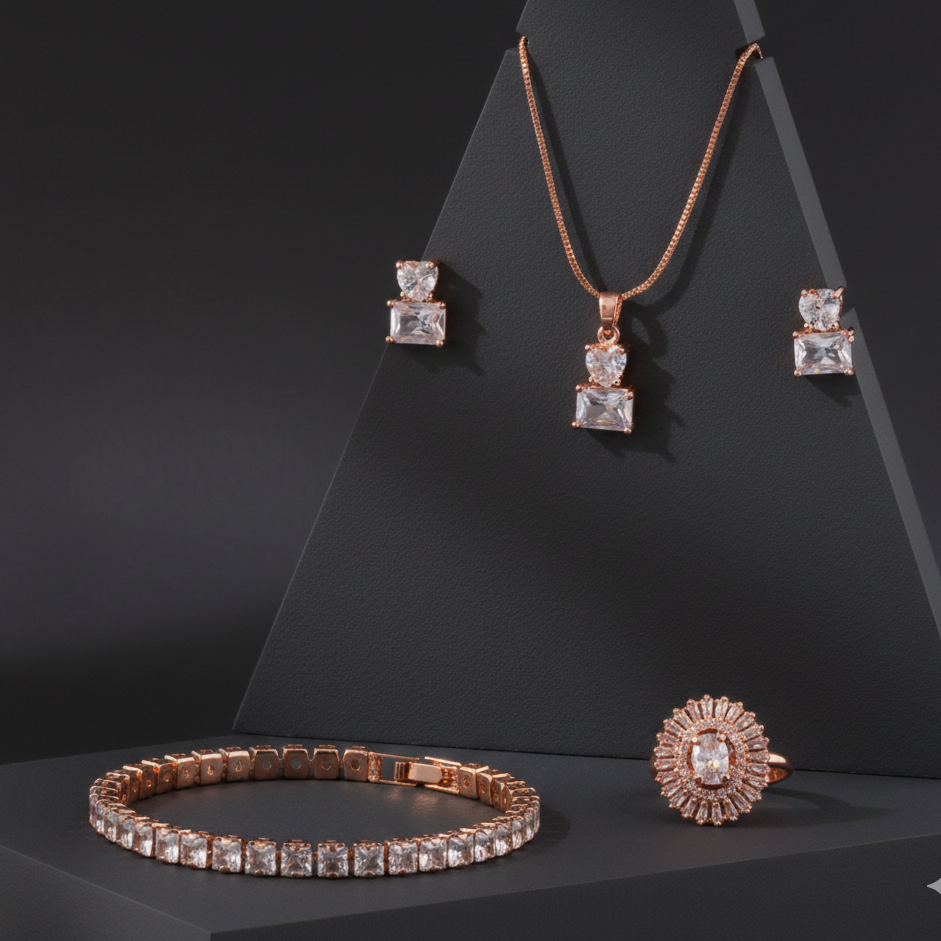 Rose gold jewelry set with necklace, earrings, bracelet, and ring on a black background