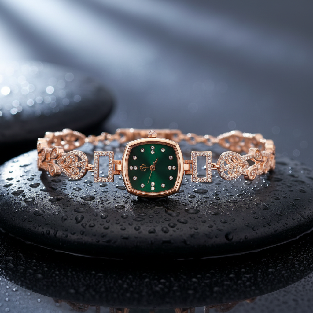 Luxury Rose Gold Green Square Dial Crystal Bracelet Watch for Women