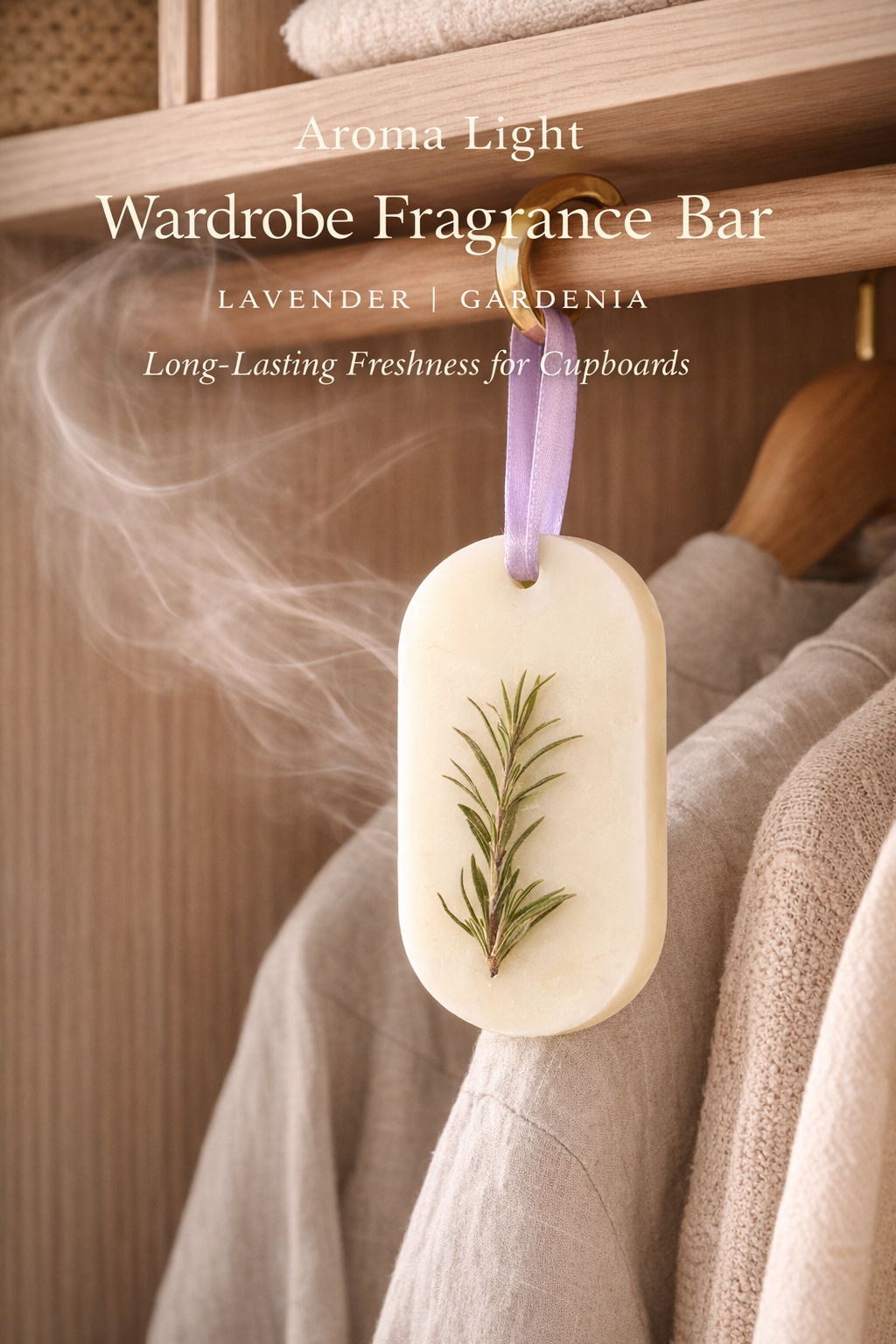 Wardrobe fragrance bar with lavender and gardenia scent on a hanger with clothes in the background
