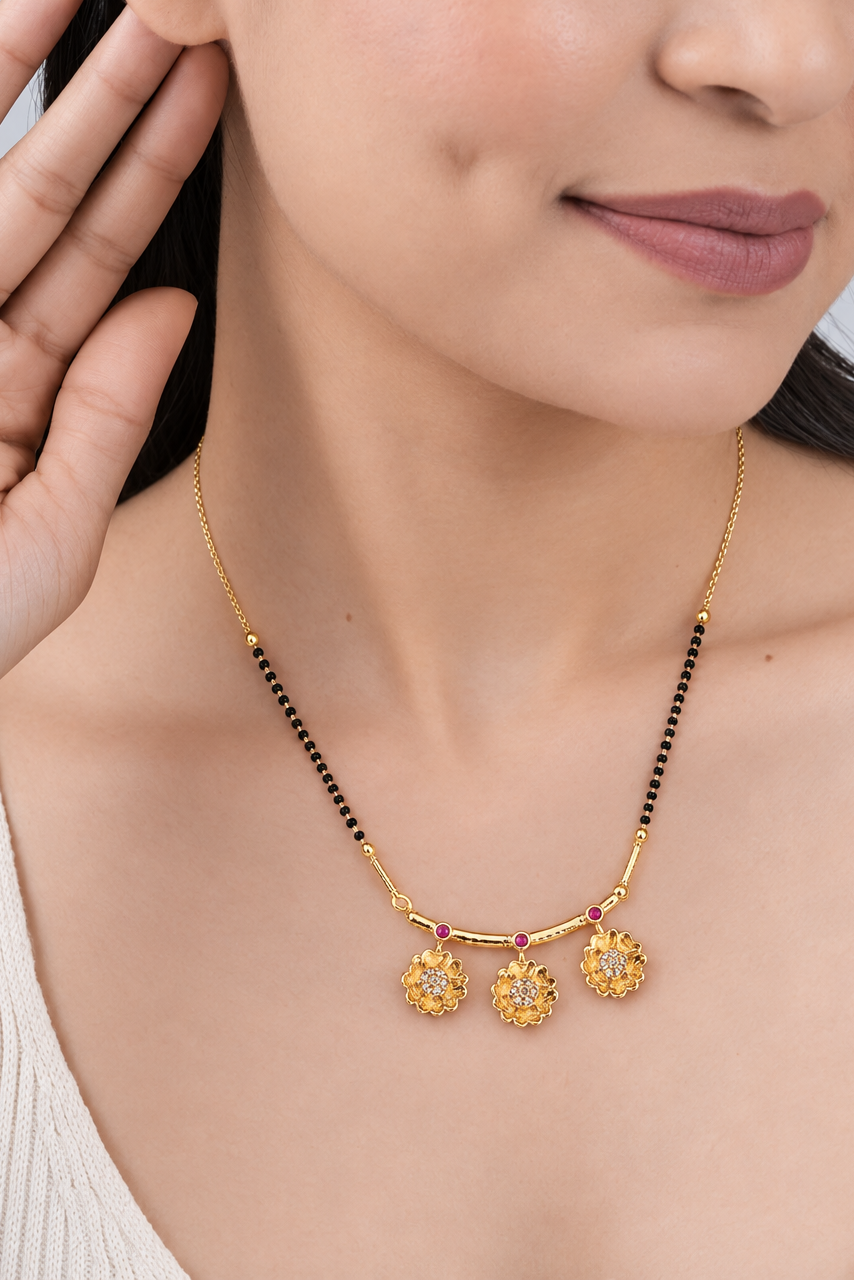 Model wearing SKU 3676 floral mangalsutra