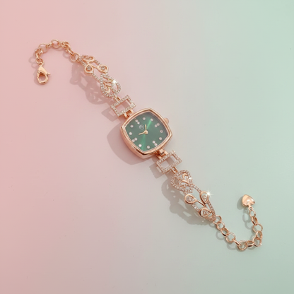 Luxury Rose Gold Green Square Dial Crystal Bracelet Watch for Women