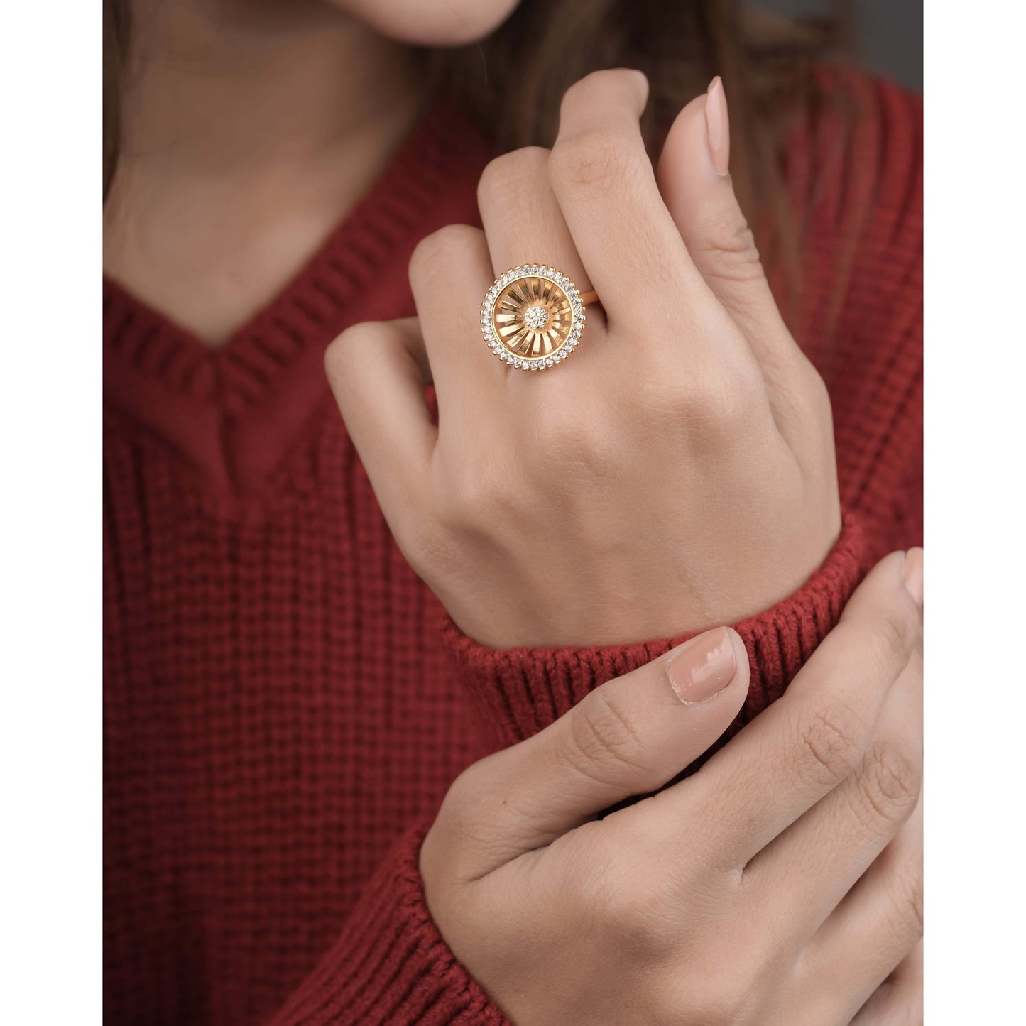 American Diamond high gold fancy round shape ring. - finger ring - Belleza Jewels