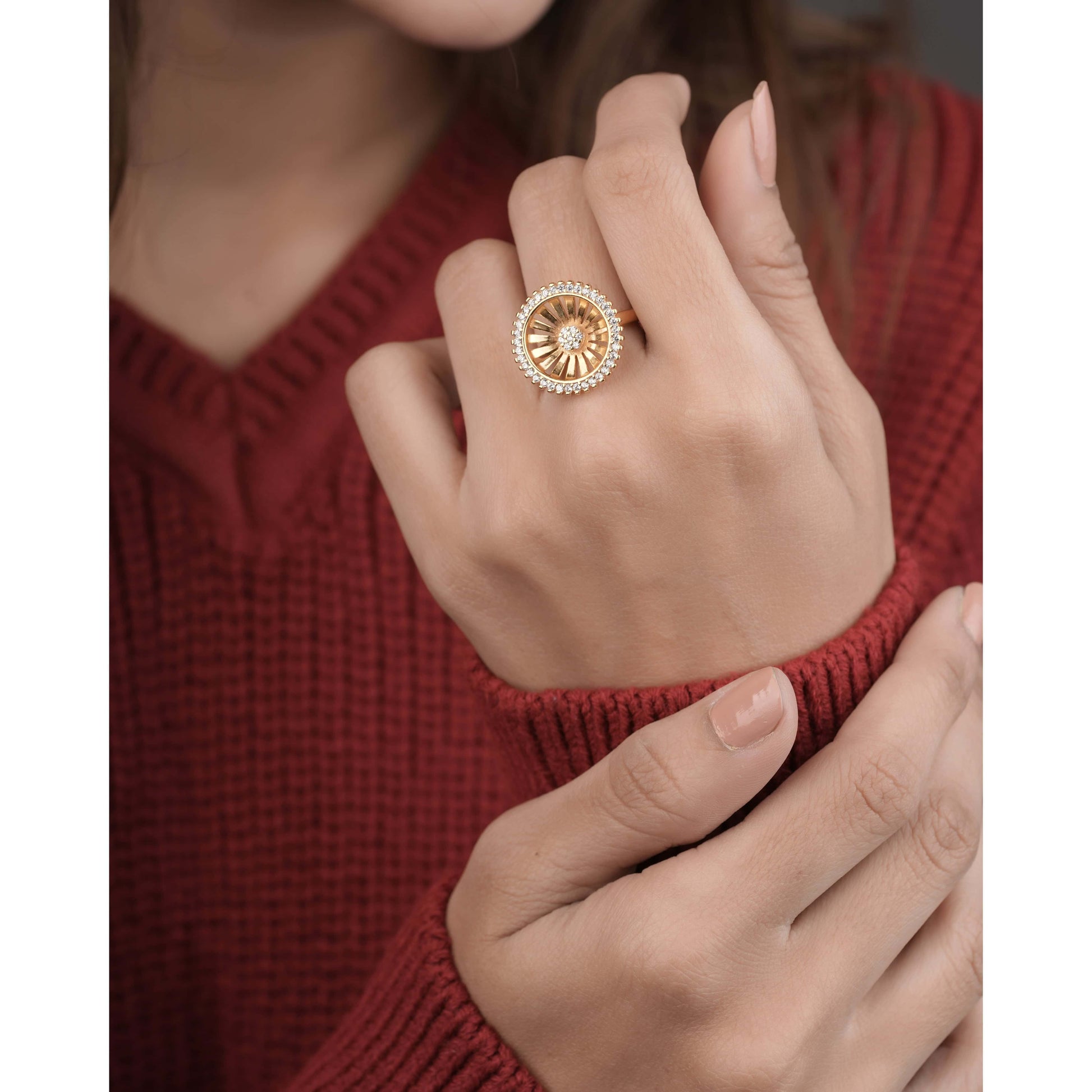 American Diamond high gold fancy round shape ring. - finger ring - Belleza Jewels