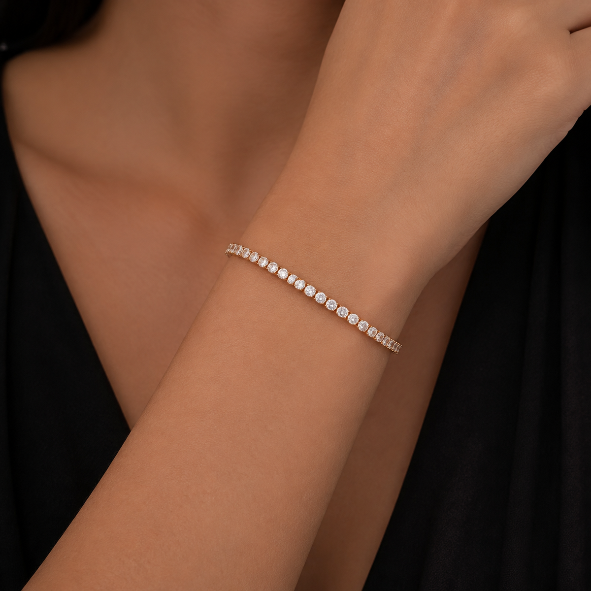Round CZ Tennis Bracelet styled with a black evening look